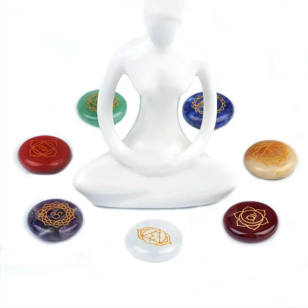 7 teile/paket 0,984 zoll Runde Form 7 Chakra Naturstein Ornament Amethyst Quarz Energie Gravierte Symbole Reiki Wahrsagerei Heilung – Detail 7
