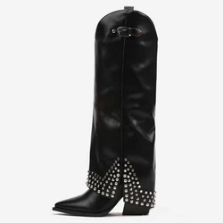 Women Metal Studs Knee High Boots Cowboy Overlay Long Booties Ladies Western Style Chunky Wedge Heels Suede Pants Shoes