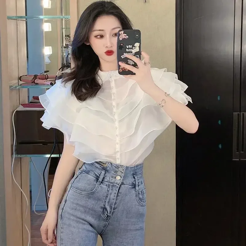 Gagarich Women Elegant Blouse Fashion Summer New French Temperament Fairy Court Style Ruffled Mesh Shirt Top Clothing