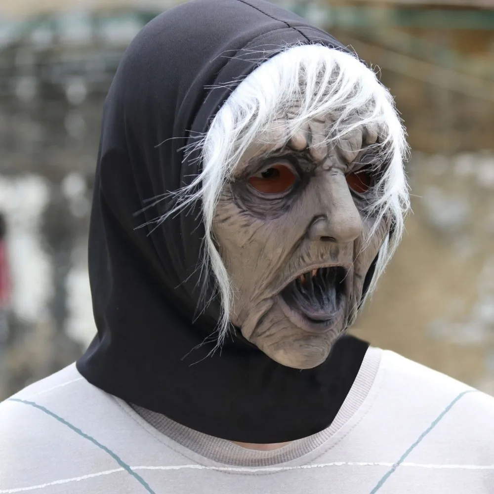 

Black Tongue Halloween Ghost Witch Mask Latex Non-toxic White-haired Witch Mask Dress Up Realistic Party Cosplay Props