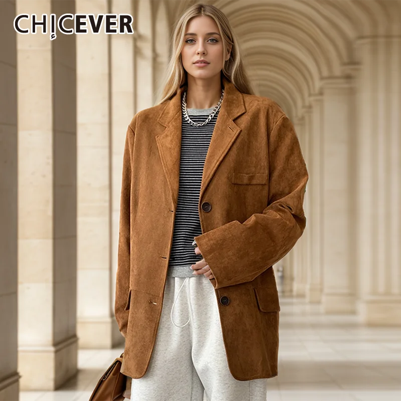 CHICEVER jaket longgar Suede Vintage Retro wanita, mantel mode musim gugur 2024 Single Breasted disambung lengan panjang Lapel untuk wanita