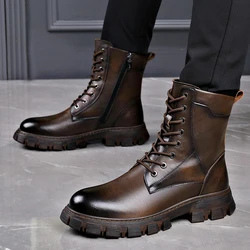 Outdoor Ankle Boots Men's Genuine Leather Plush Soft Leather Headcoat Cowhide American Retro Motorcycle Rider High Top Work