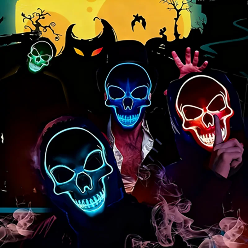 قناع جمجمة رعب الهالوين قناع الضوء البارد LED - مناسب للهالوين، يوم الموتى، عيد الفصح - قناع توهج الرعب للبالغين، القاعة