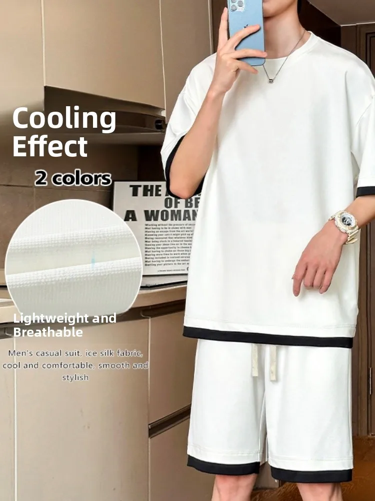 

Летний спортивный костюм Ice Silk для мужчин: тонкий, свободный, повседневный комплект из футболки и шорт с креативным принтом, молодежный стиль