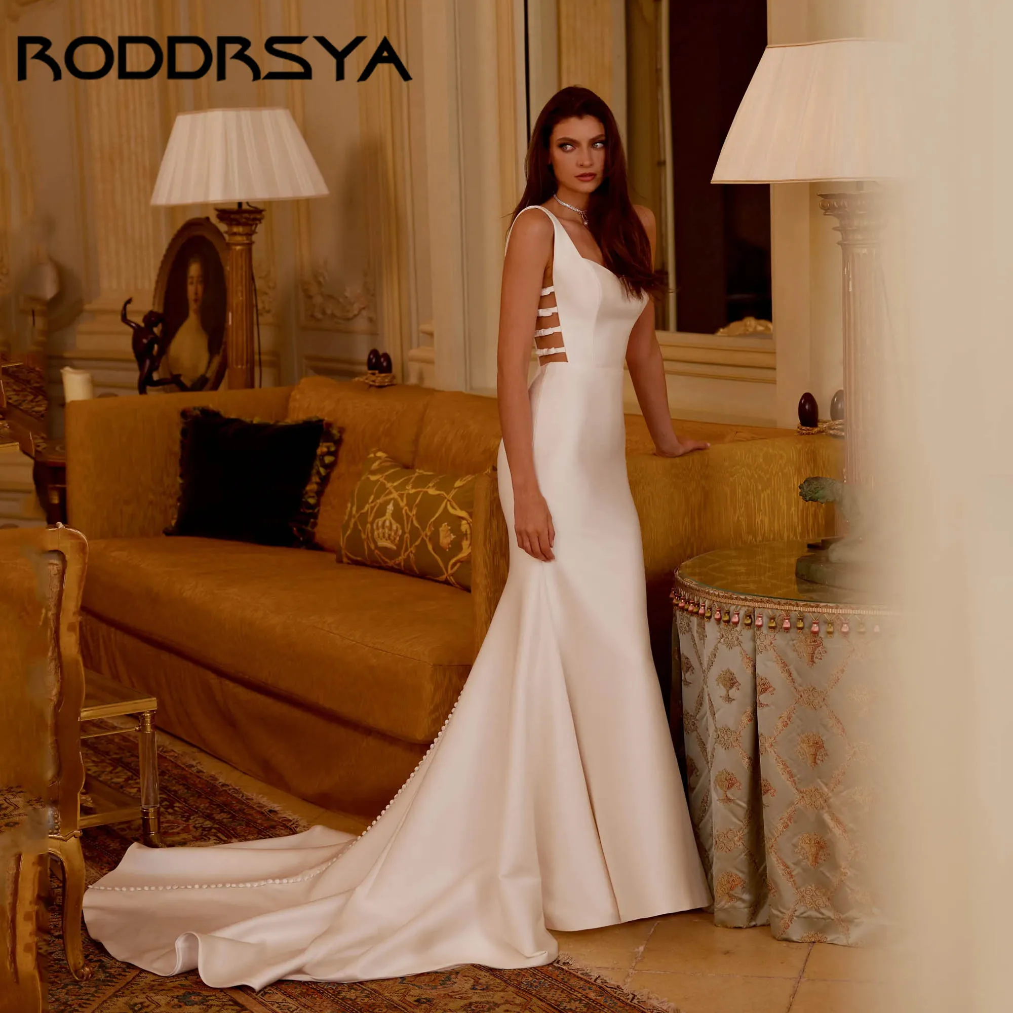

RODDRSY Satin Mermaid Wedding Gowns With Side Cutouts Featuring Bows Bridal Dress Sleeveless Simple vestidos de novia Customized