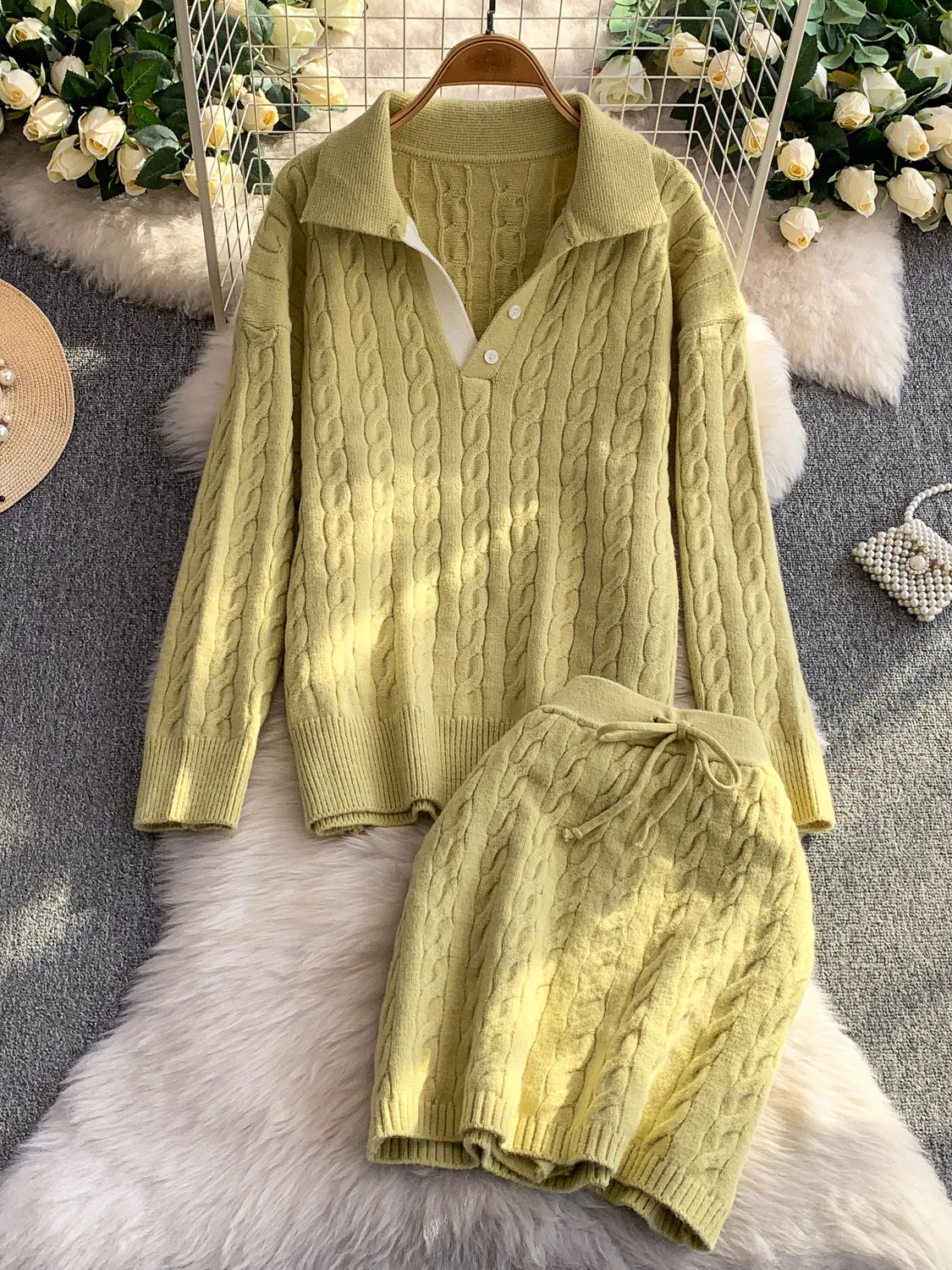 Autumn Winter Thiened Knitted Sweater Belted Slimming ort Skirt Two-Piece Set High Collar Twisted Design Faionable Ense...