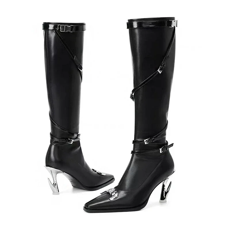 

Sexy Woman's Knee-high Boots 2024 Pointed Toe Shoes for Women Slim Was Thin Black Long Boot Winter Fashion Party High Heel Shoes