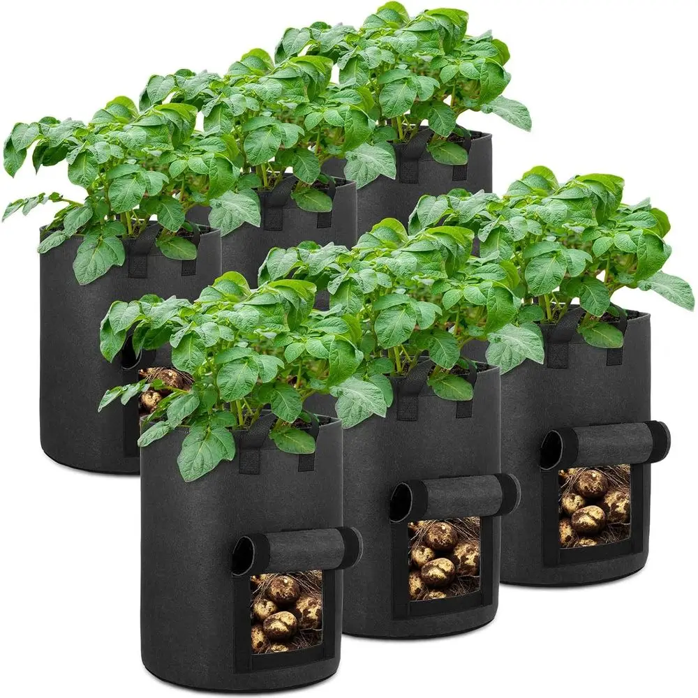 6-Pack 10 Gallon Potato Grow Bags with Lap Window, Heavy Duty Aeration Fabric Pots with Handles for Garden and Planting (Black)