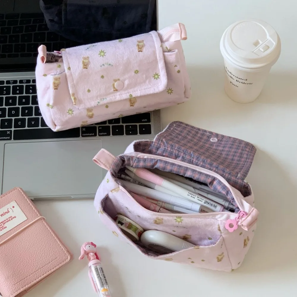 Star Bear Pencil Case for Girls Large Capacity Multi-Layer Cosmetic Bag Portable Ins Style Stationery Organizer Makeup Pouch