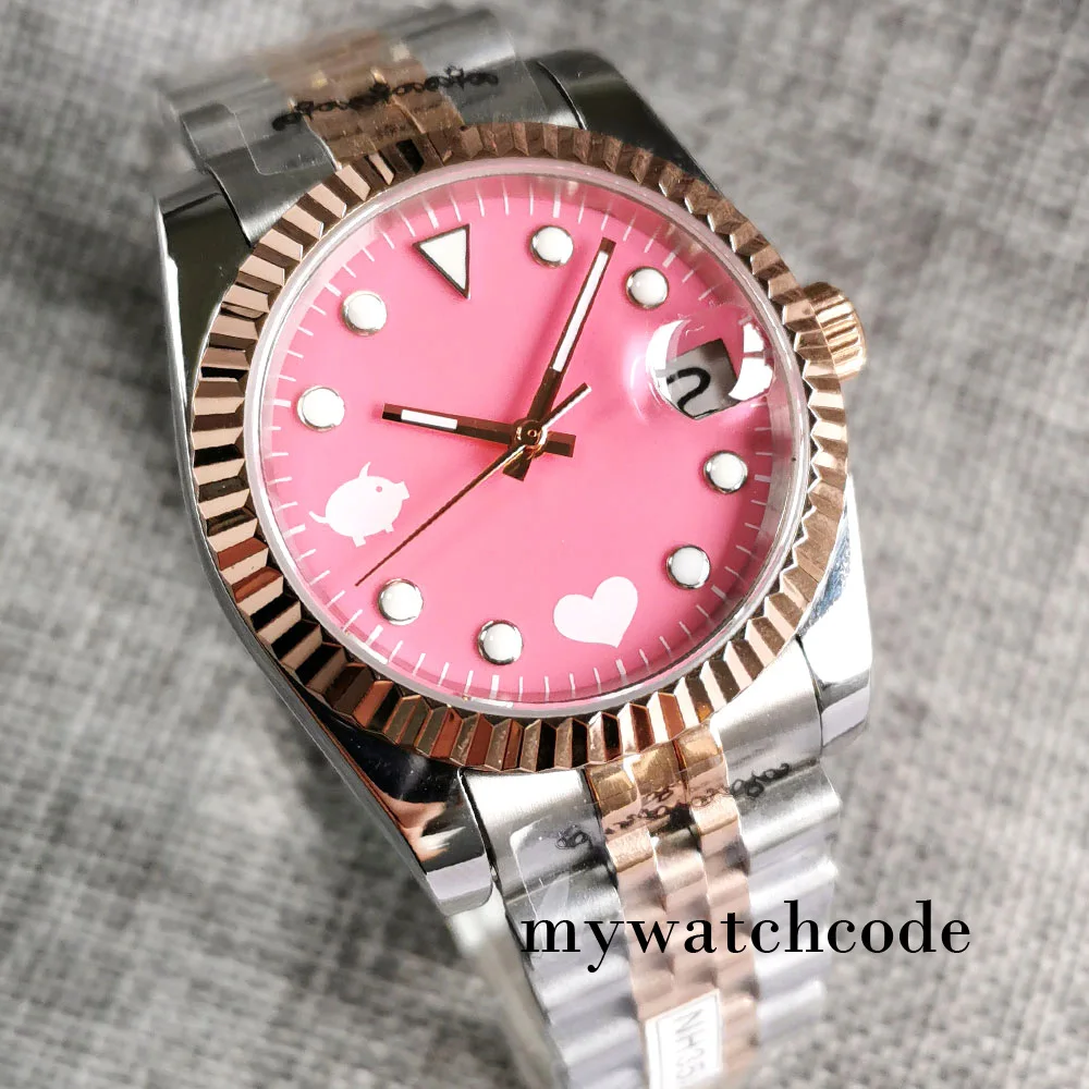 36mm/39mm Automatic Women Watch 24 Jewels NH35A Pink Lovely Dial Rose Gold Fluted Bezel Sapphire Glass Two Tone Jubilee Bracelet