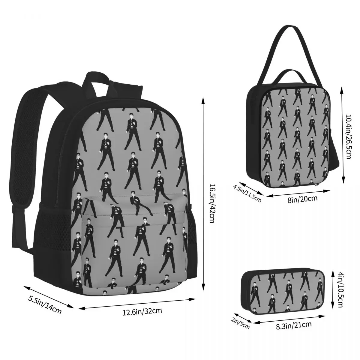 Mochilas de Elvis Cartoon para crianças, mochilas escolares para meninos e meninas, mochila para estudantes, mochila, lancheira, saco de caneta, conjunto de 3 peças