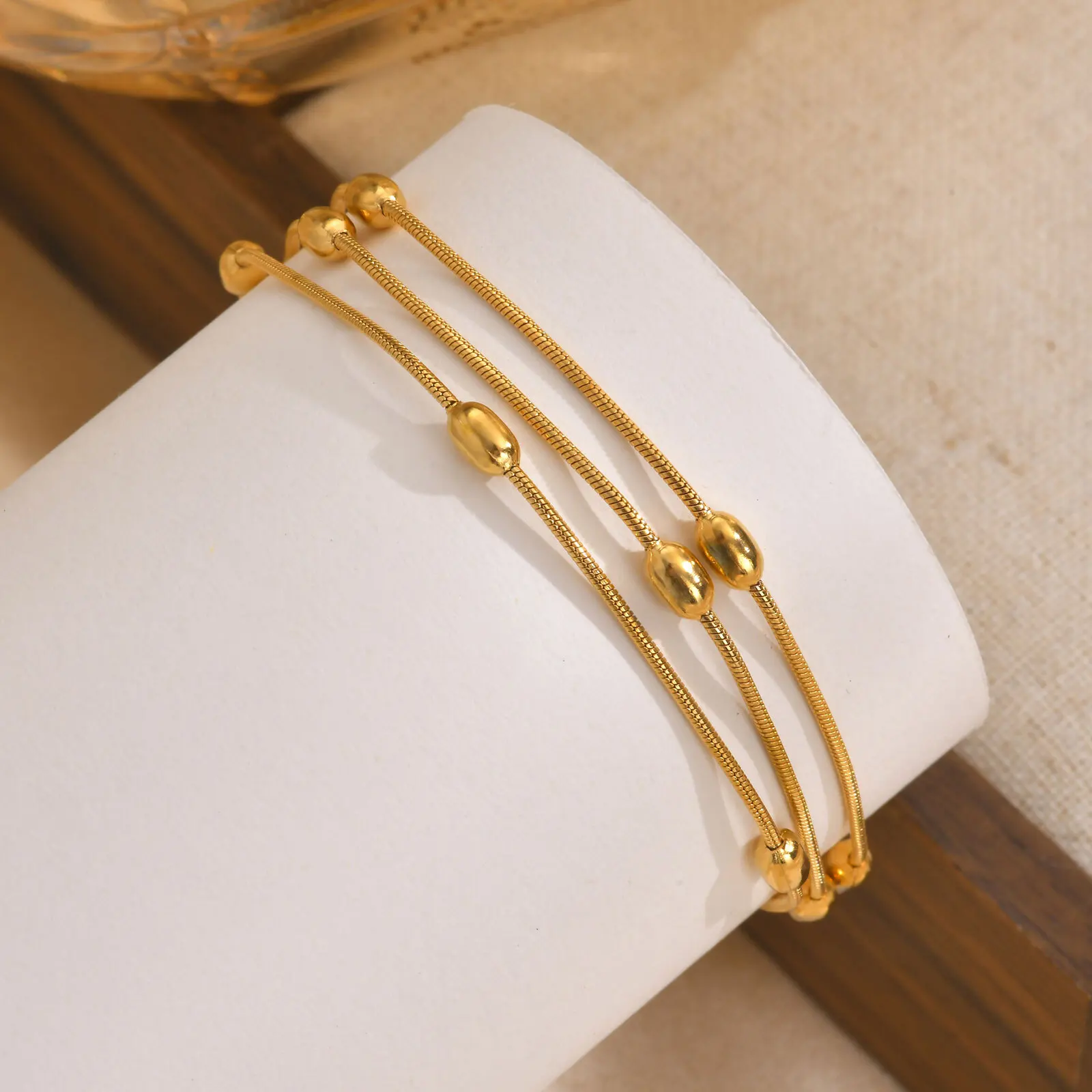 Multilayer Round Beaded Snake Chain Bracelets, Gold Plated Waterproof Adjustable Stainless Steel Link Women Jewelry