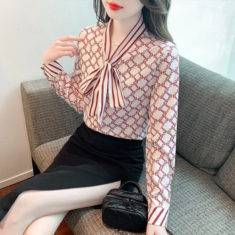 Women Clothing Fashion Elegant Chain Printed Blouse Spring Autumn Long Sleeve Bow Loose V-neck Chiffon Shirts Office Lady Top