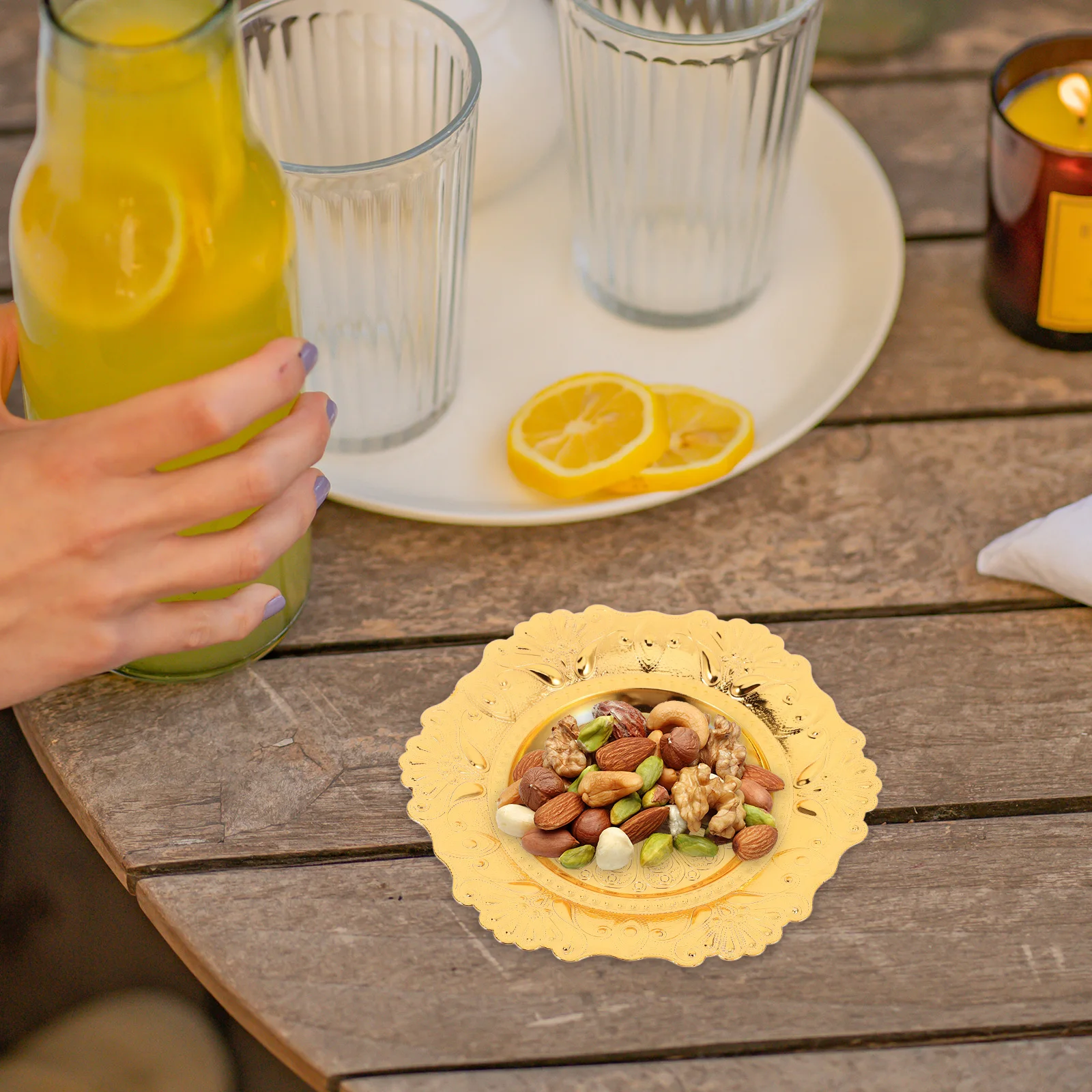 

6Pcs Metal Coasters with Holder Golden Food Serving Tray for Snacks Desserts Drinks Spill Proof Elegant Table Accessories