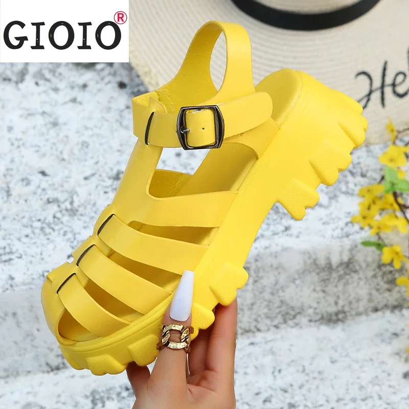 2024 Summer New Sandals Women Platform Height Increasing Round Toe Sandals Female Beach Shoes Buckle Strap Women\'s Shoes