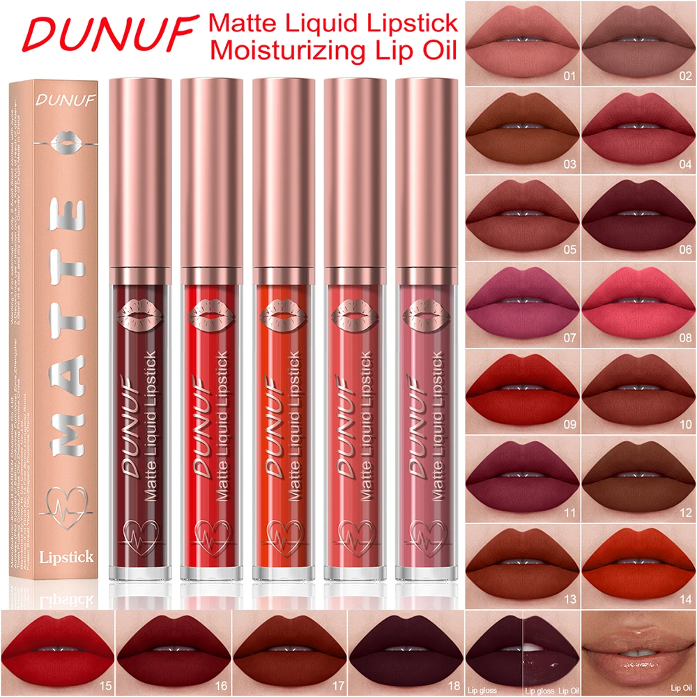 

DUNUF 18 Colors Matte Nude Lip Gloss High Pigmented Waterproof Long Lasting Red Liquid Lip Stick Easy Coloring Lips Makeup