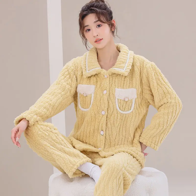 2024 New Design Sleepwear Women Winter Pajamas Coral Fleece Loungewear Suit Thickened Home Clothing Set Girls Outwear Pijamas