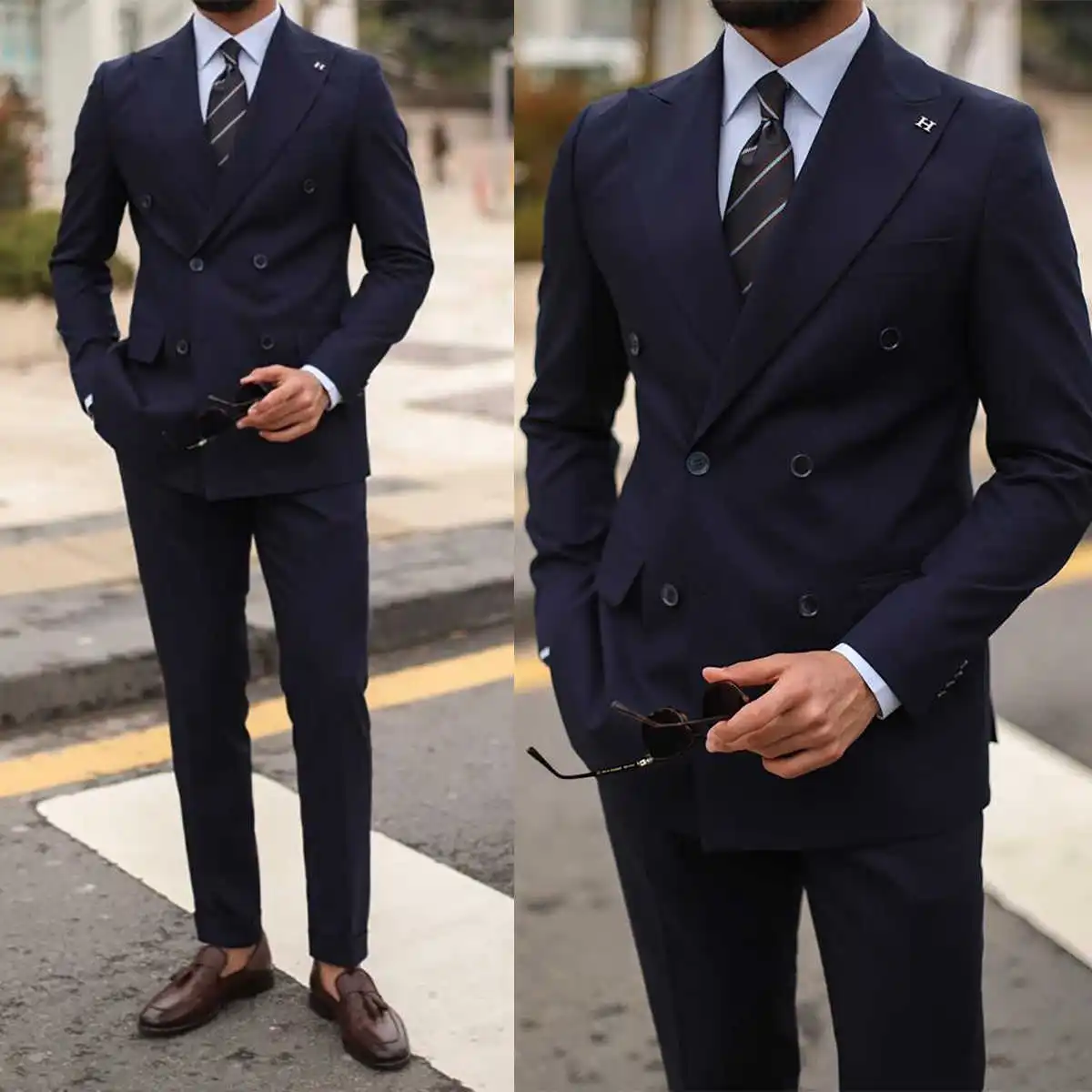 Casual Men's Suit 2 Pieces Blazer Pants Bow Collar Double Breasted Buckle Wedding Work Wear Business Formal Costume Size Color