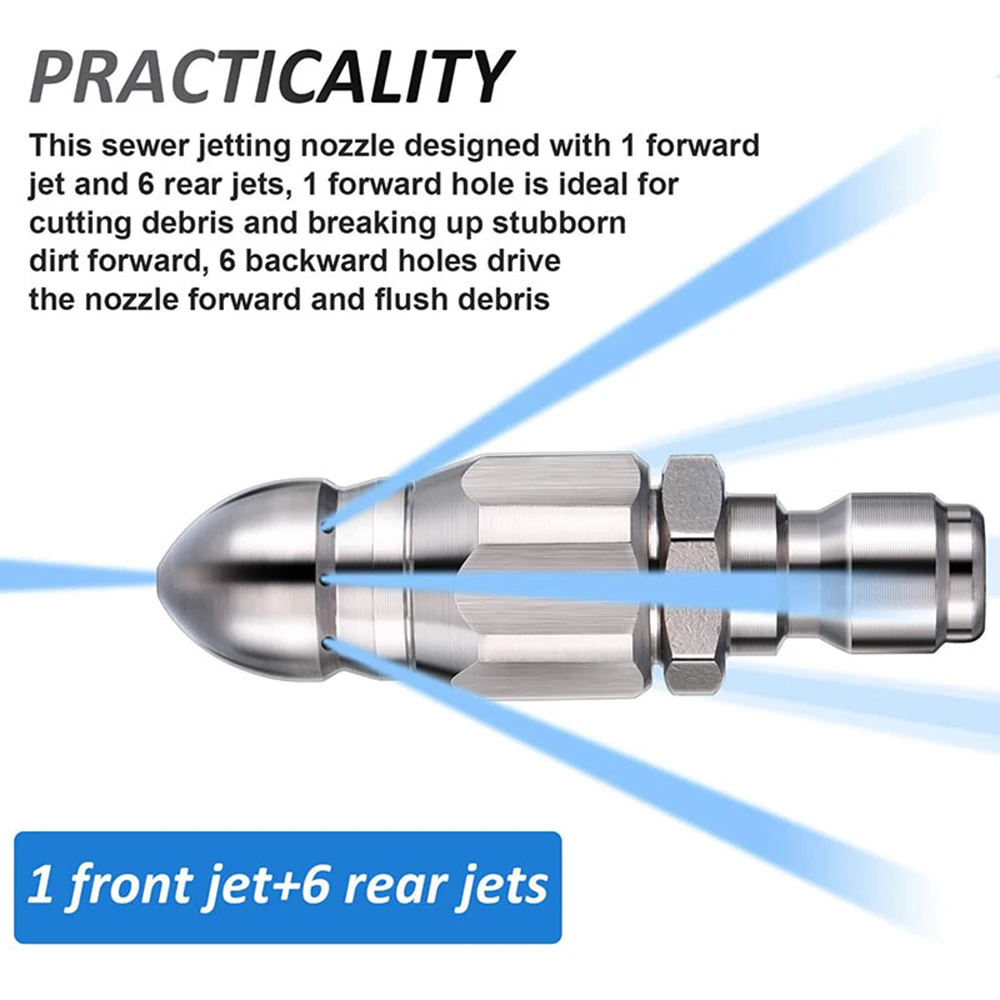 5000PSI G1/4 Inch Rvs Hogedrukreiniger Afvoer Riool Reinigen Pijp Rioolreinigers Spuiten Quick Plug Afvoer Slang nozzle Terug