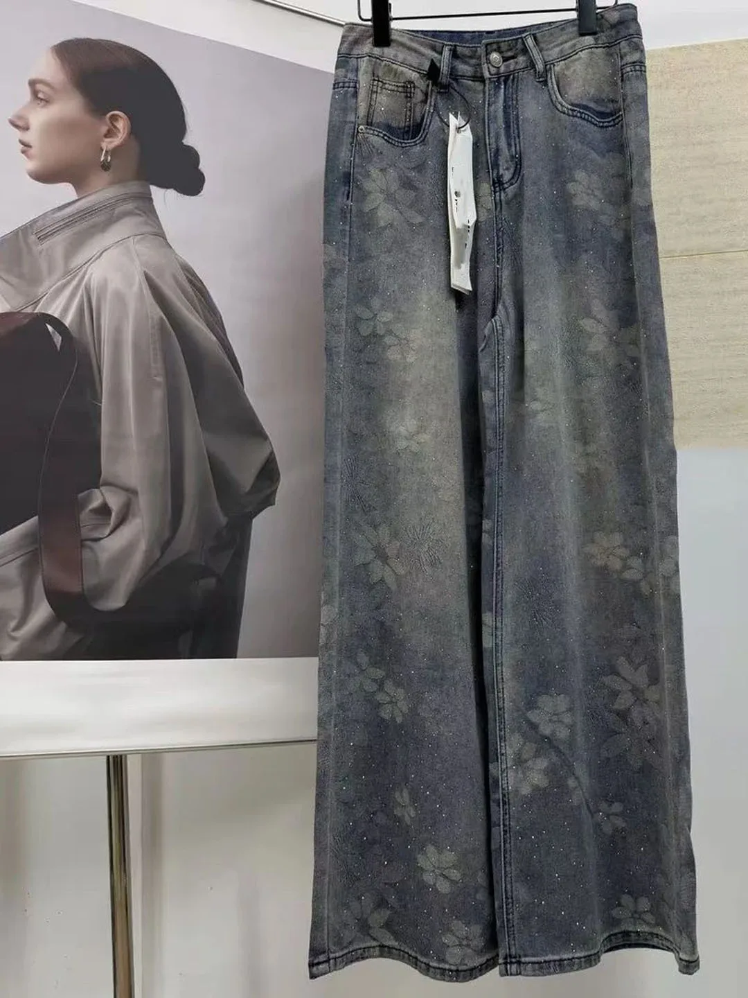

Summer 2026 Blue Embroidered Wide Leg Denim Pants High Waist Commute Style Floral Pattern Ladies Jeans Comfortable Slimming