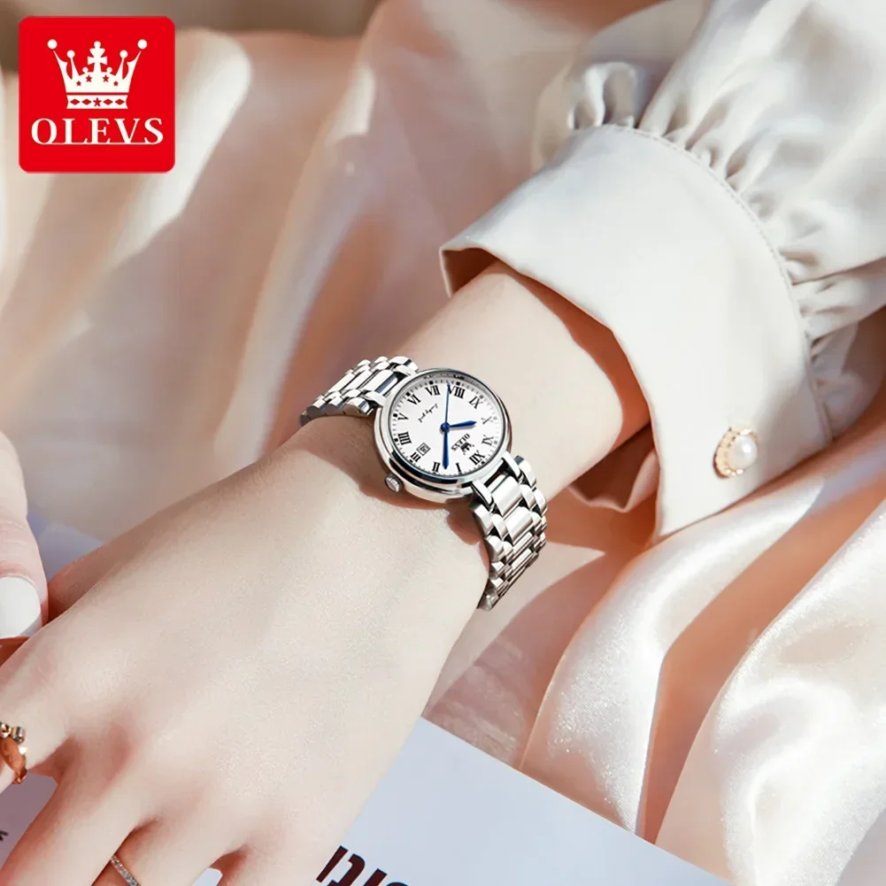 OLEVS, reloj de cuarzo de lujo para mujer, correa de acero inoxidable, reloj de pulsera para mujer, esfera romana, réplica de reloj resistente al