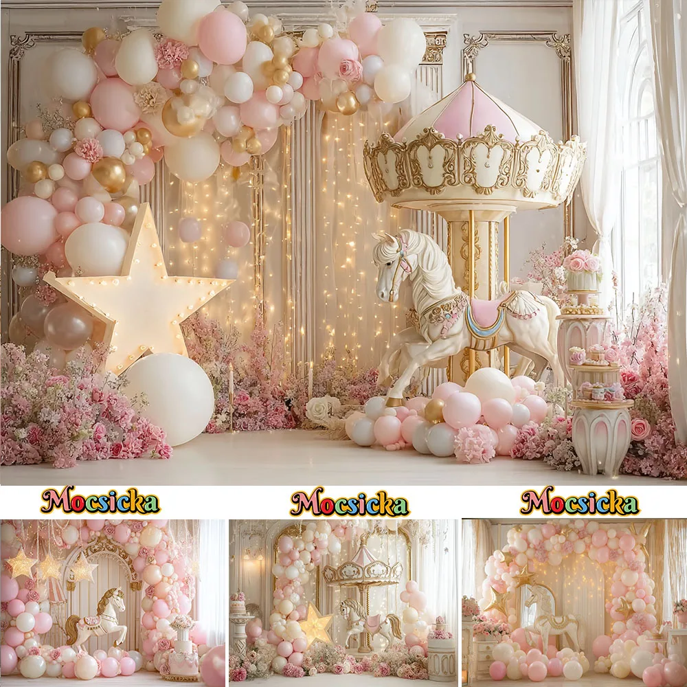 Mocsicka Baby-Fotografie-Hintergrund mit Zirkus-Motiv, rosa Karussell, Sternbogen, Ballonwand, Hintergrund für Mädchen, Geburtstag, Kuchenzertrümmerung, Foto
