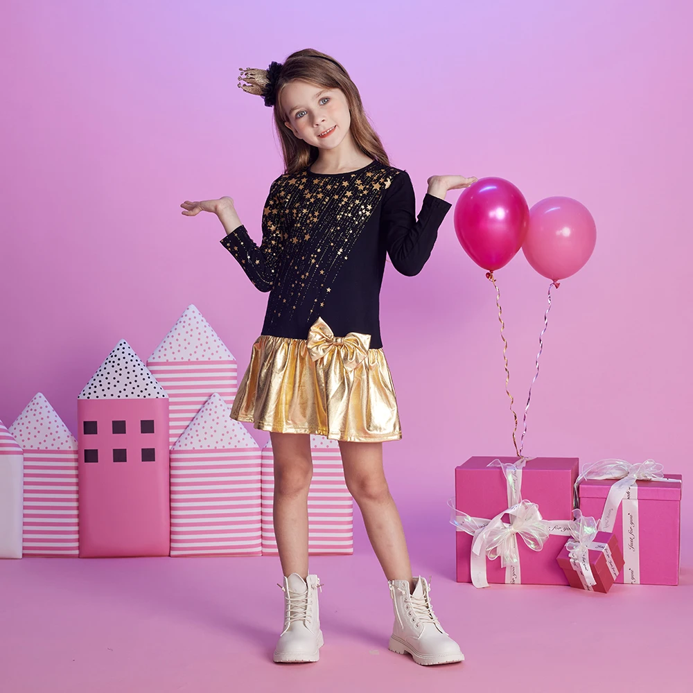 DXBOU- Robe de princesse imprimée étoile dorée pour filles avec nœud papillon, vêtements pour enfants, fête de Noël, nouvel an, 3 à 12 ans