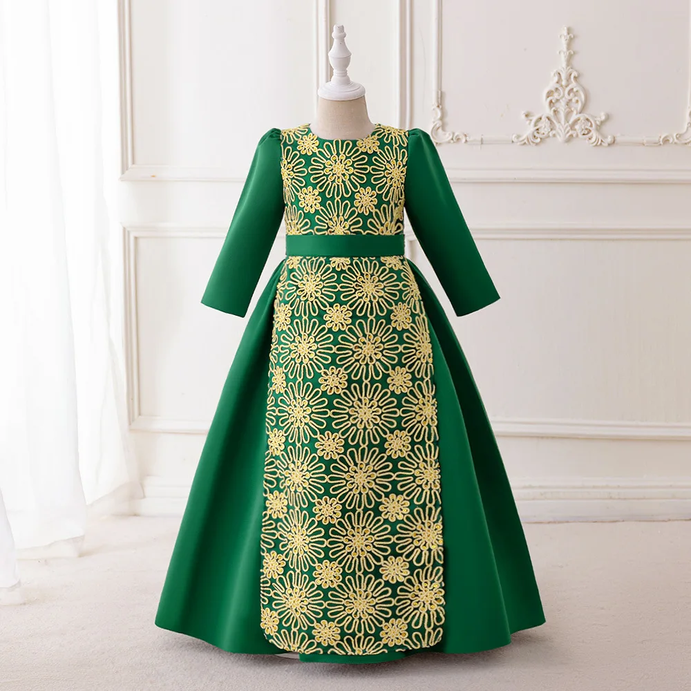 

Green Christmas Kids Clothing Baby Girl Dress 2025 New Fashion Muslim Robe Wrought Cloth Embroidery Children Eid Clothes 4-7Y