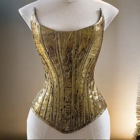 Women Luxury Gold Corset Hand Made MadBustier Overbust Lace Up Boned Bodice Fancy Crop Tops Wedding Stage Costume Waist Trainer