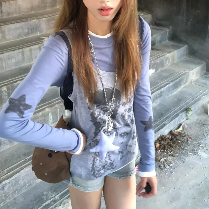 

Женские комплекты из 2 предметов, осенний жилет с принтом, жилет с круглым вырезом и длинными рукавами, винтажные топы в стиле гранж Y2k, костюмы