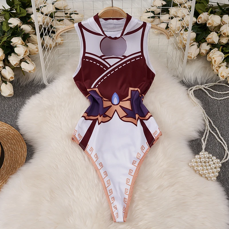 Cartoon Print Hollow Out Lady's Pajamas O-Neck Sleeveless Slim Bodysuits Cut Kawaii Japan Sleepwear New In Spring Women's Top