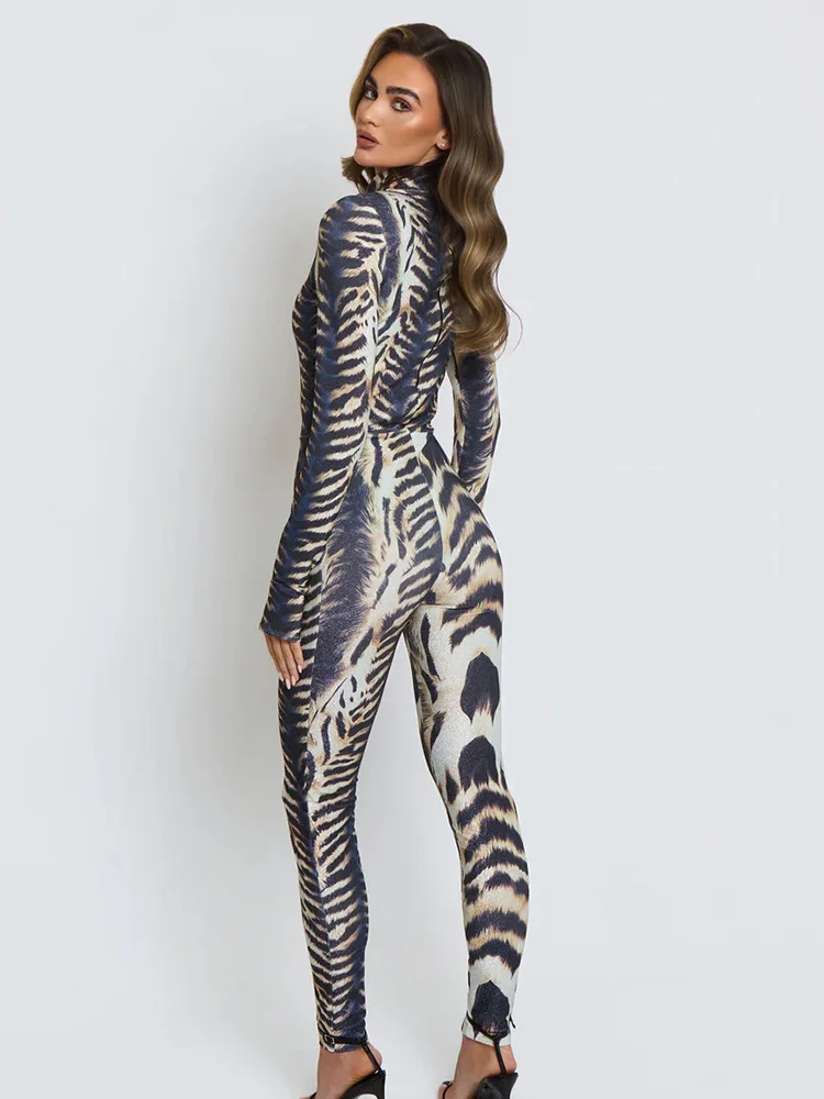 CNYISHE タイガーストライププリント秋の女性ジャンプスーツトレンディシックフィットネスセクシークラブパーティーシースファッショントムパーズ女性長袖