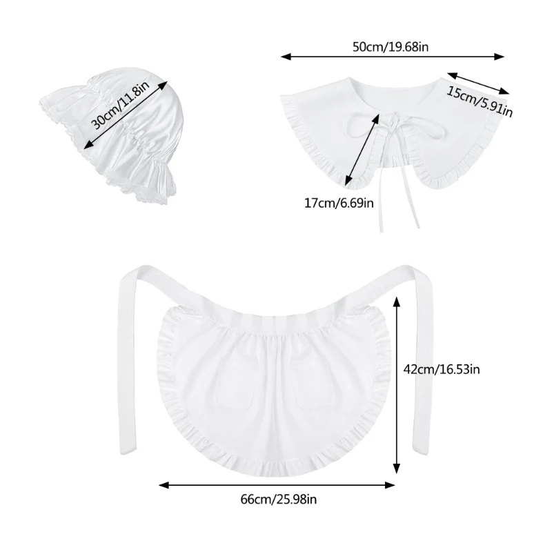 3 Pcs Colonial Costume Set White Mobs Caps Bonnet Shawl Waist Apron Maid Half Apron Pilgrim Costume Accessories for Women