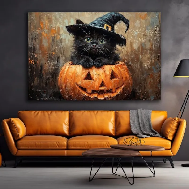 Spooky Halloween Cute Black Cat in Witch Hat Rustic Autumn Pumpkins Truck Poster Canvas Painting Wall Art Pictures Home Decor