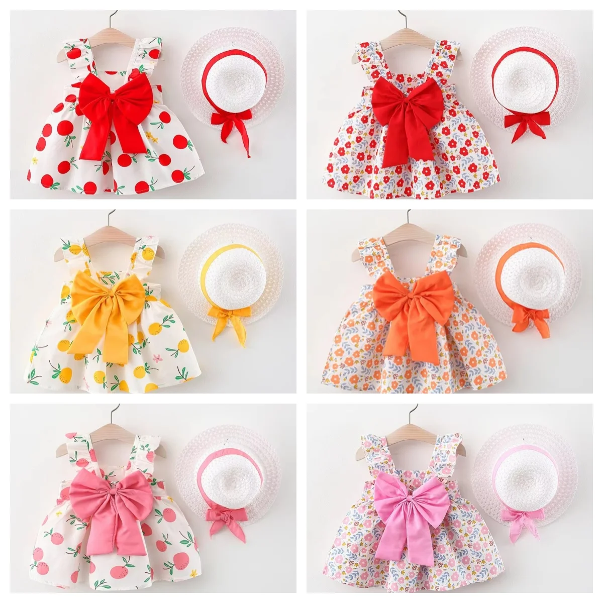

Summer New Comfortable And Breathable 2-Piece Set Of Baby Girl Dress With Fruit All Over Printed Cotton Fashion Dress+Hat