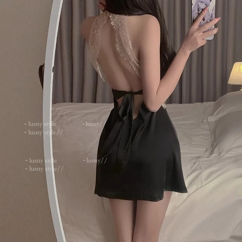 

Новая ажурная ночная рубашка из ледяного шелка, женская сексуальная соблазнительная кружевная ночная рубашка, женская красивая повязка на спине, одежда для сна, домашняя одежда на подтяжках