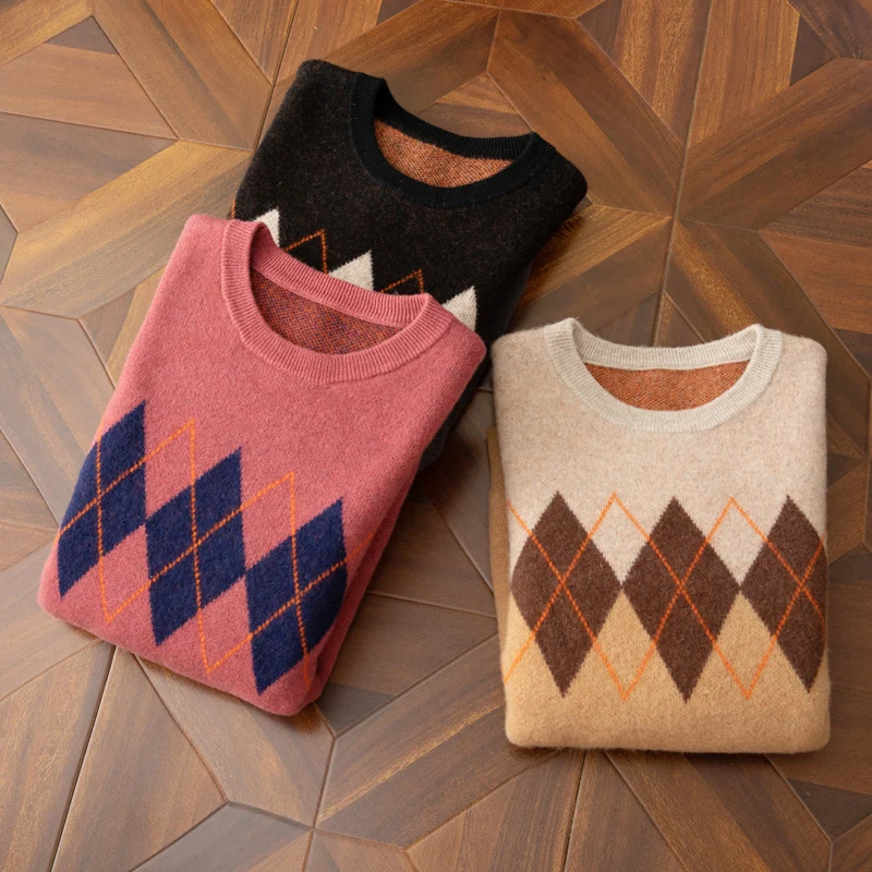 

Autumn And Winter New 100% Wool Men's Thick Sweater Jacquard Round Neck Loose Casual Knitting Bottoming Shirt