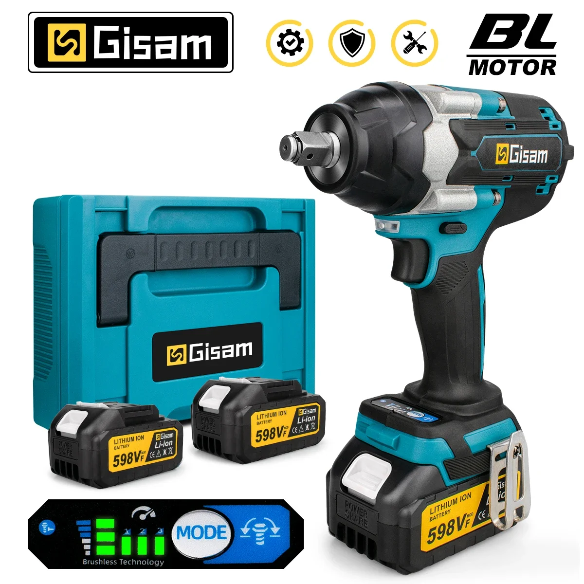 

Gisam 1800N.M Torque Brushless Electric Impact Wrench 1/2 inch Screwdriver Cordless Wrench Power Tools For Makita 18V Battery