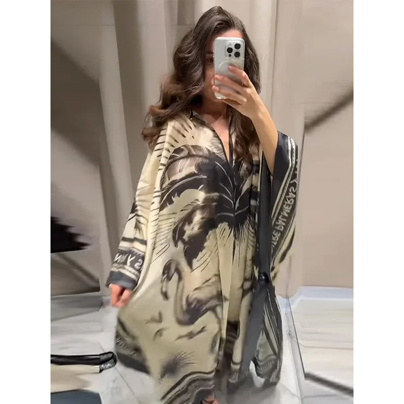 Bonny Fashion Print Pleated Long Dresses Women Party O-neck Full Sleeve Female Holiday Dresses 2025 Summer Lady Elegant  Robes