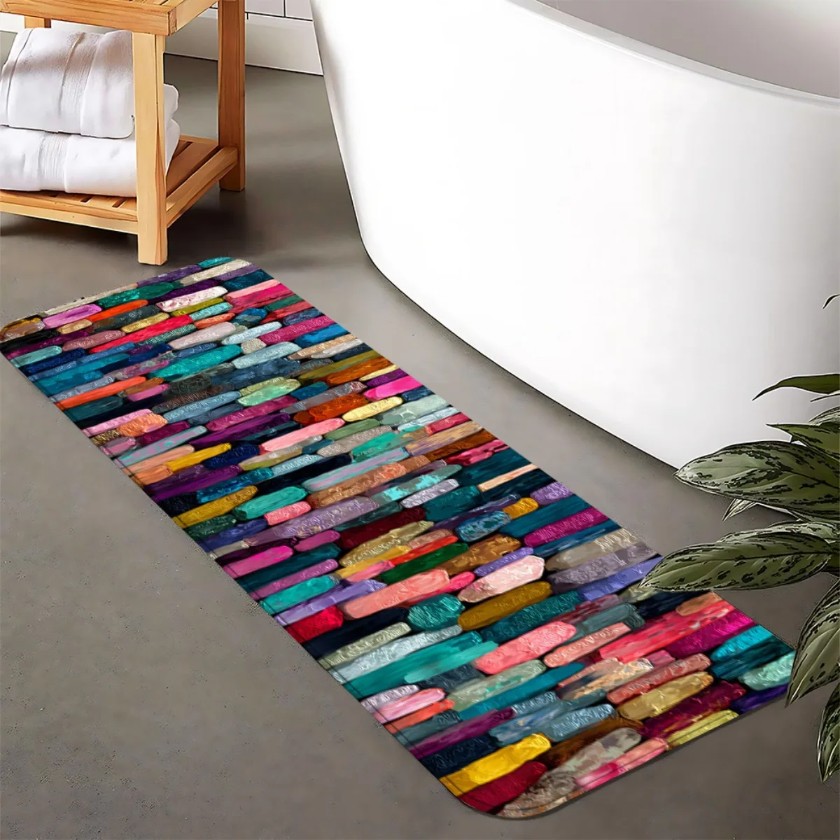 Vibrant Multicolor Thick Oil Painting Rectangular Block Runner Rug, Non-Slip Rug for Kitchen, Entryway, Bathroom & Living Room