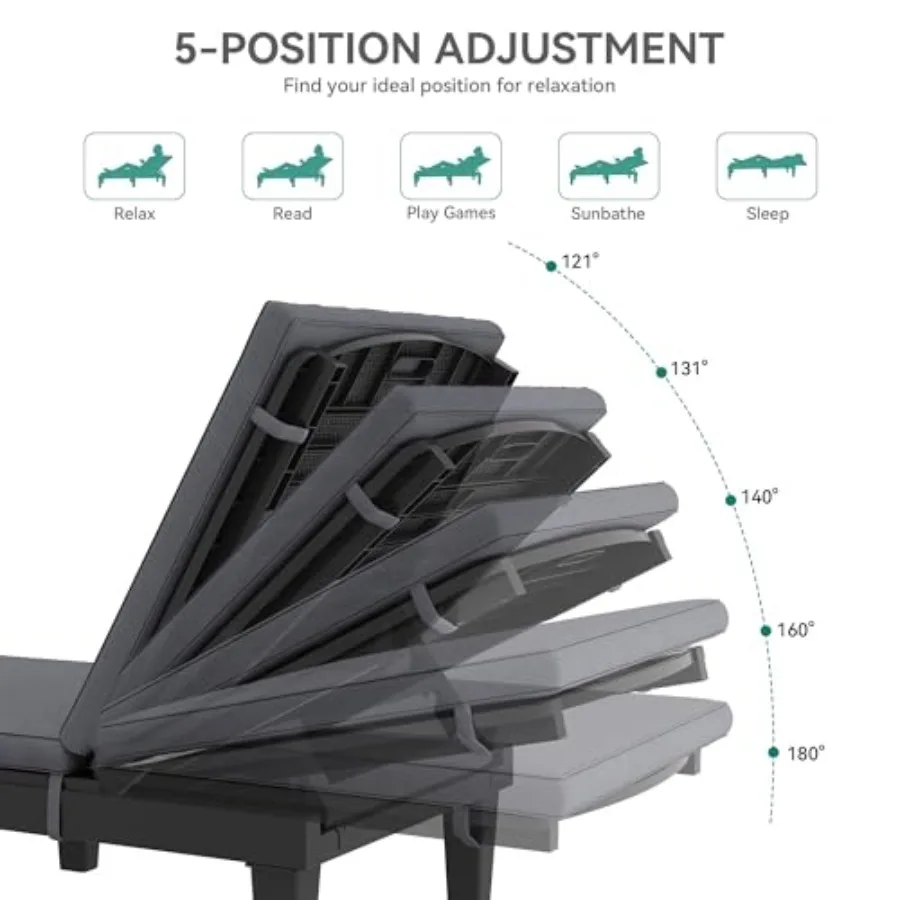 Outdoor Chaise Lounge Chair, Plastic Pool Chaise Lounge with Cushions and 5-Position Backrest, Easy Assembly and Waterproof for view 5