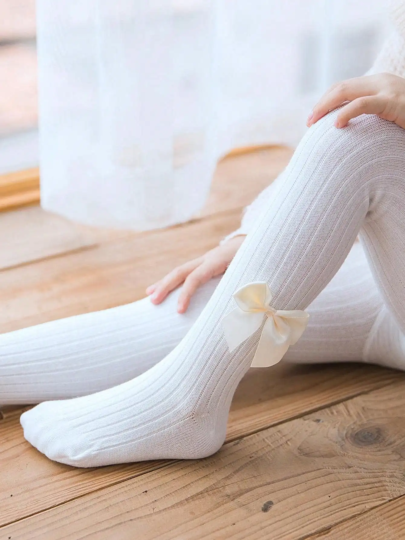 Kids Girls Cotton Knitted Tights Lovely Satin Bow Decor Girls One-Piece Pantyhose Soft Elastic Skin-Friendly Breathable Leggings view 6