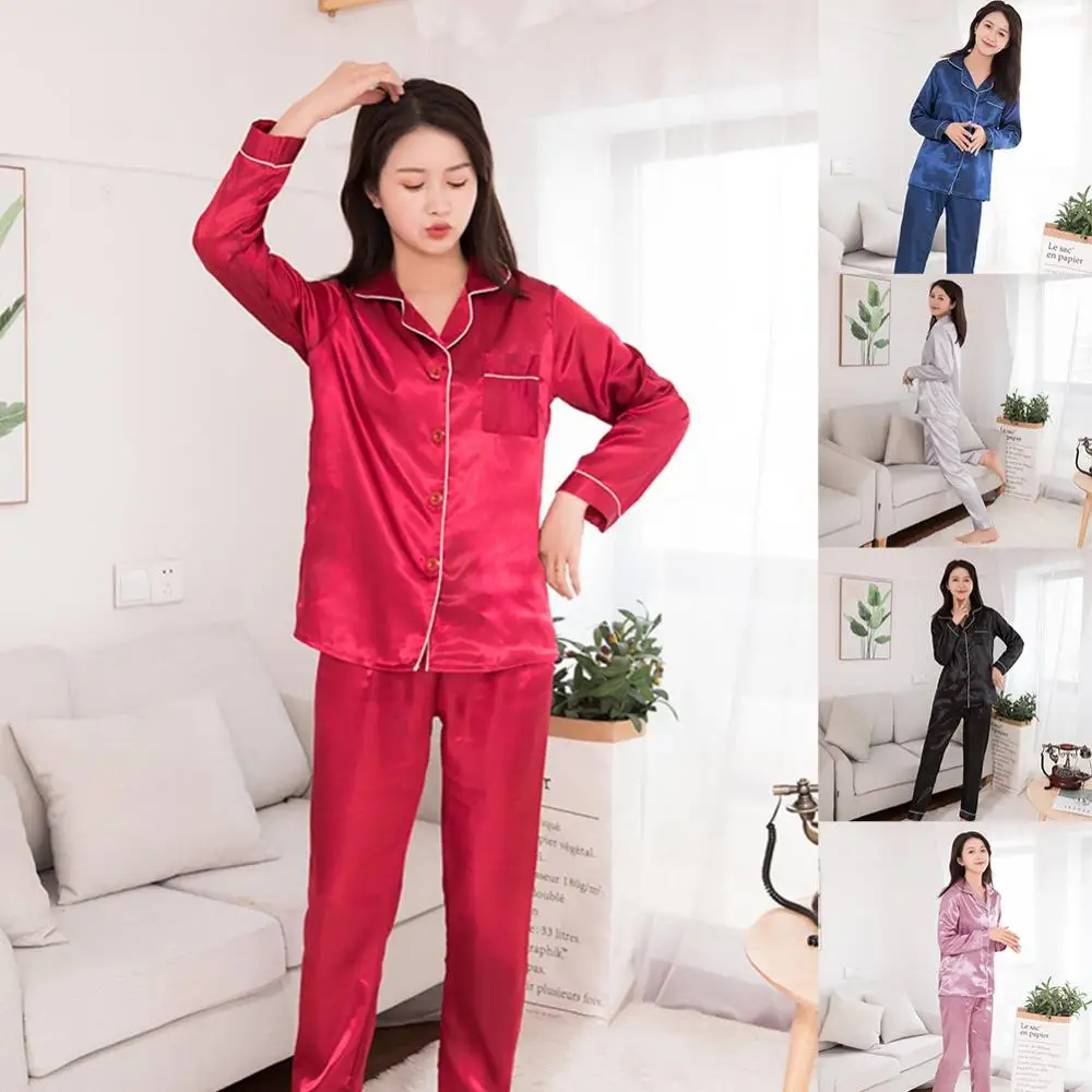 Long Sleeve Suit Solid Color Pajamas Set Women Sleepwear Silk Satin Couples Suit