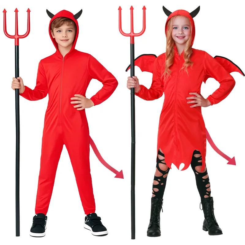 Disfraz de Diablo Rojo para Halloween, Mono con Capucha para Niños y Niñas, con Cuernos, Cola y Tridente, Estilo Niña con Alas de Diablo para Carnaval