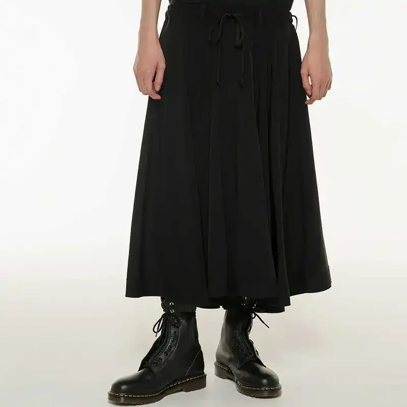 

YOJI OOAK Japanese style dark design loose lace up big swing skirt pants black versatile casual pants for men