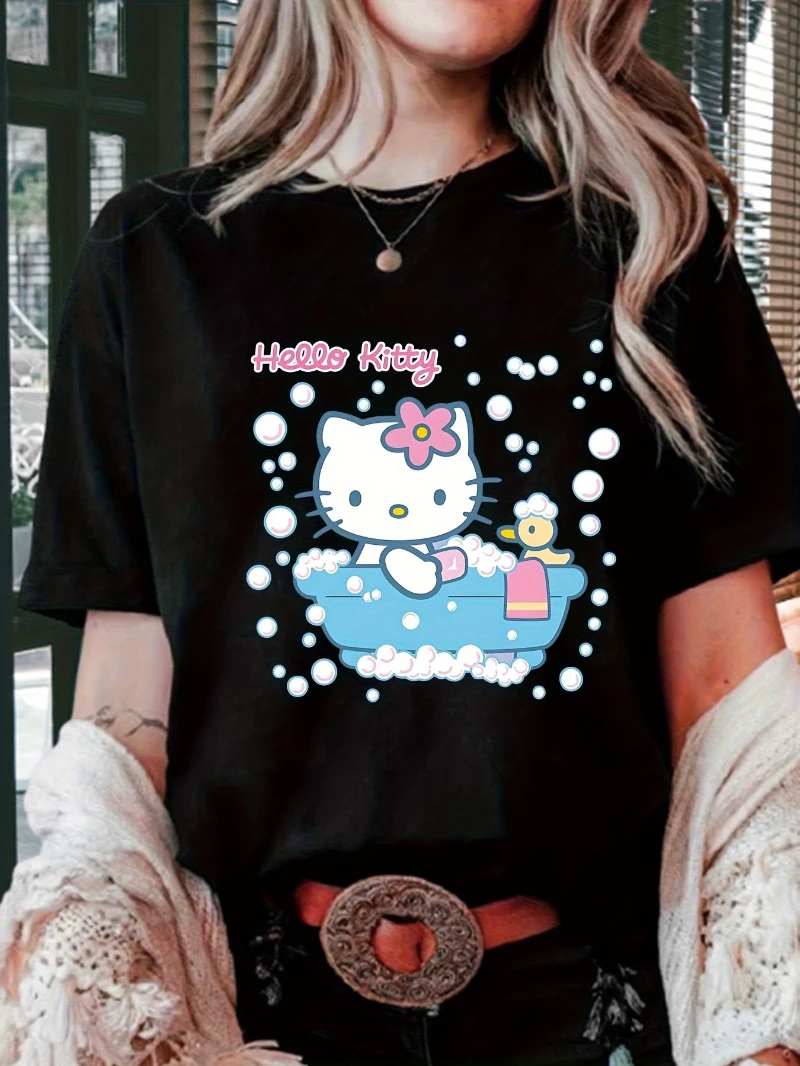 

Женская футболка Sanrio Hello Kitty and Cool Lomi с милым аниме-узором, летний свободный топ из 100% хлопка с круглым вырезом и короткими рукавами