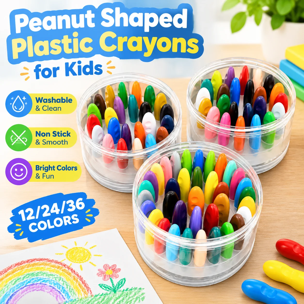 Peanut Shaped Plastic Crayons for Kids, Washable Non Stick Drawing Set, 12 24 36 Colors, Erasable Art Tools
