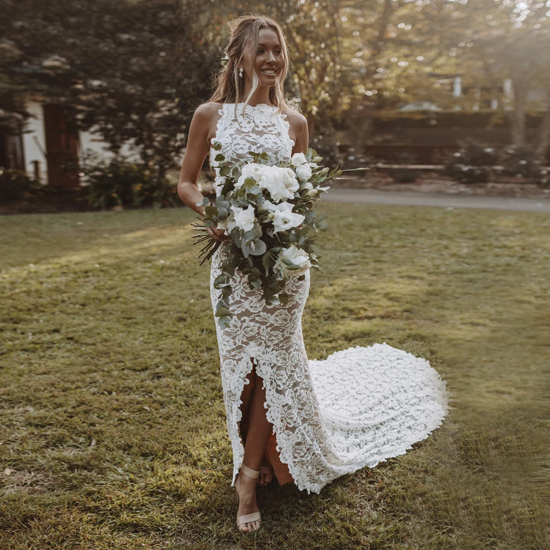 Abiti da sposa rustici Sirena 2025 con scollo all'americana a fessura Abiti da sposa Boho in pizzo senza schienale Abito da sposa da giardino personalizzato