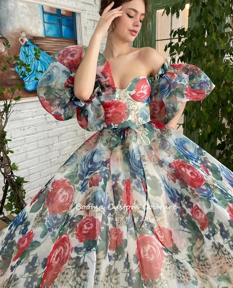 Booma Fairy Sky Blue Wolken Print Organza Midi Prom Dresses Vierkante Bladerdeeg Mouwen Ruches Thee-Lengte A-lijn Partij Jurken plus Size