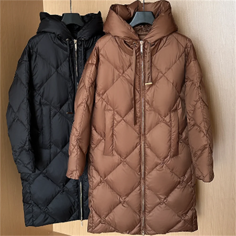 Down jacket girl plaid long white duck down new winter hooded sobretudo feminino inverno